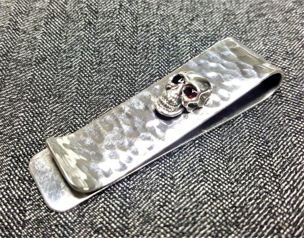 Money Clip STERLING SILVER 925 Skull with Natural GARNET Eyes Biker Roker Fathers Day Graduation Gift for Male Mans Birthday Gift for Him