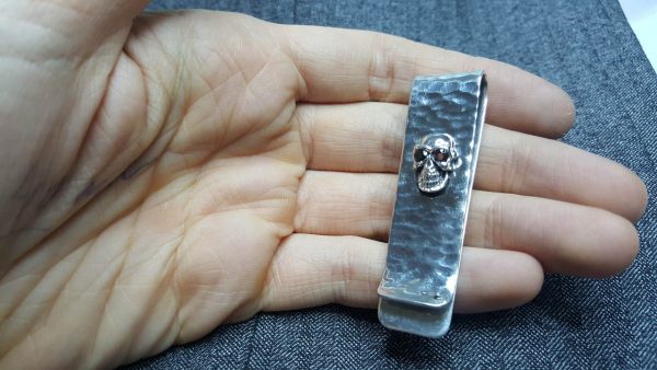 Money Clip STERLING SILVER 925 Skull with Natural GARNET Eyes Biker Roker Fathers Day Graduation Gift for Male Mans Birthday Gift for Him