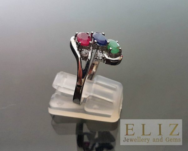 Genuine Precious Sapphire Ruby Emerald Sterling Silver Ring Natural Gemstones Size 7.5, 8