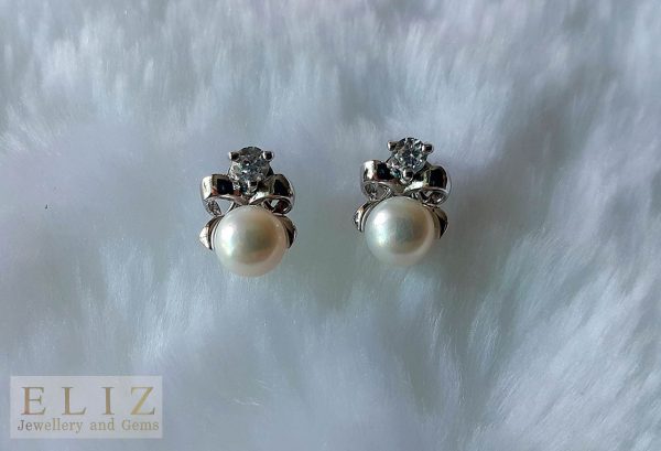 Pearl Stud Earrings 925 Sterling Silver Natural White Freshwater Pearl & Cubic Zirconia Stud Earrings Bridal