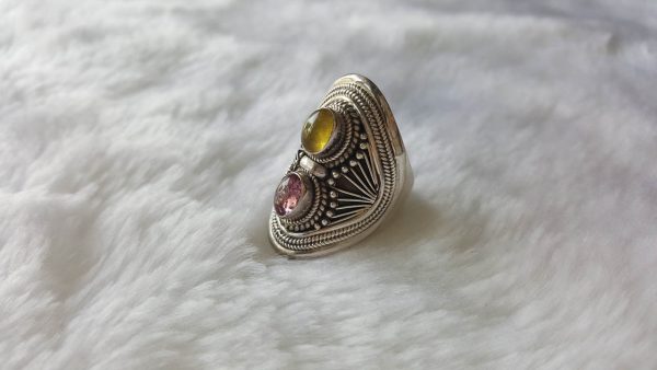 Tourmaline 925 Sterling Silver Ring Genuine Pink & Yellow Precious Gemstone Exclusive Handmade Gift Size 7.5