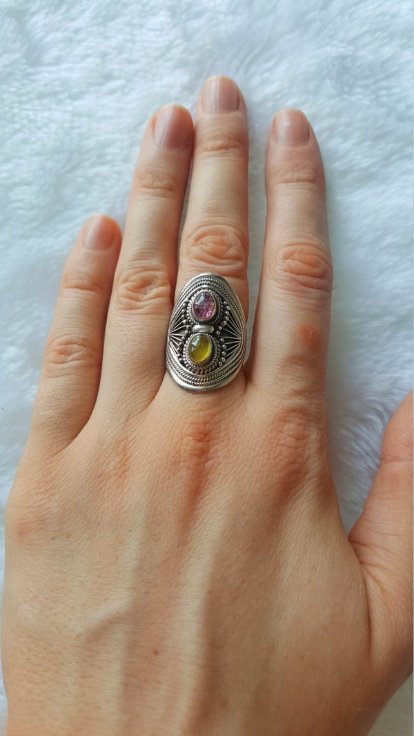 Tourmaline 925 Sterling Silver Ring Genuine Pink & Yellow Precious Gemstone Exclusive Handmade Gift Size 7.5