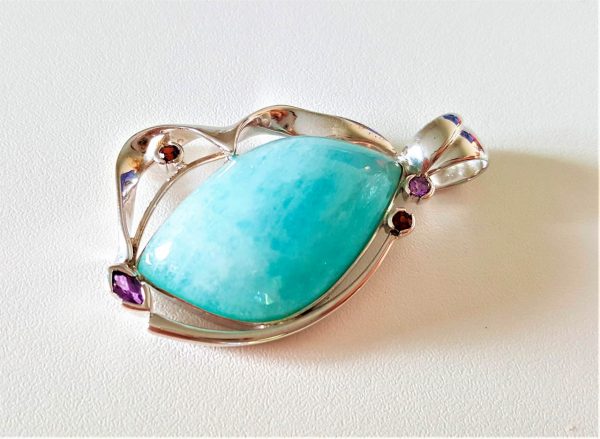AQUAMARINE Pendant STERLING SILVER 925 Genuine Garnet Ametyst Natural Gemstones Exclusive Design Handmade Talisman Amulet