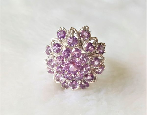 Genuine Amethyst STERLING SILVER 925 Ring Natural Faceted Gemstone Exclusive Flower Design Size 8.5