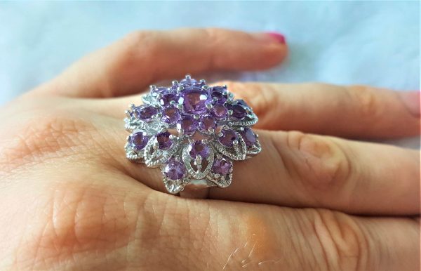 Genuine Amethyst STERLING SILVER 925 Ring Natural Faceted Gemstone Exclusive Flower Design Size 8.5
