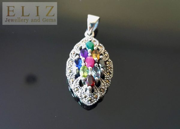 925 Sterling Silver Pendant Genuine Precious Gems Multi Stone & Marcasite Ruby Citrine Emerald Garnet Blue Topaz Talisman Amulet