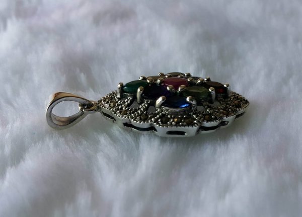 925 Sterling Silver Pendant Genuine Precious Gems Multi Stone & Marcasite Ruby Citrine Emerald Garnet Blue Topaz Talisman Amulet