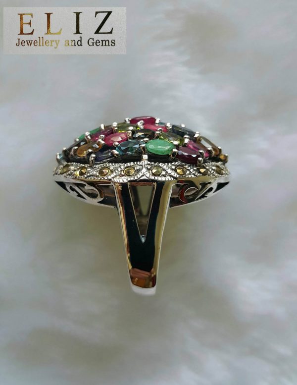 925 Sterling Silver Ring Genuine Precious Gemstones Multi Stone & Marcasite Emerald Ruby Blue Topaz Sapphire Amethyst Citrine Garnet