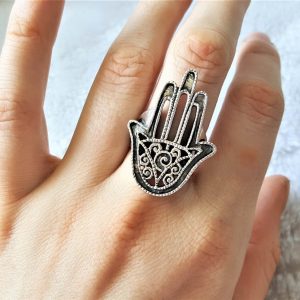 Hand of Hamsa 925 Sterling Silver Ring Humsa Hand Talisman Amulet Sacred Symbol