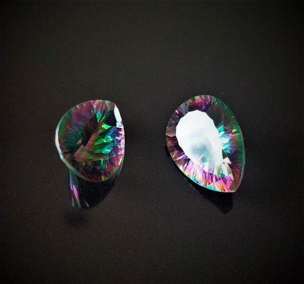 Mystic Topaz 2 pcs LOT Loose Genuine Gemstones Multi Color Rainbow 13x18 mm Pear Shape Concave Cut Stone Faceted