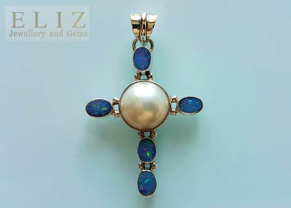 Genuine Australian Opal & Mobe Pearl Sterling Silver Cross Pendant Exclusive Gift Precious Gemstones Talisman/Amulet