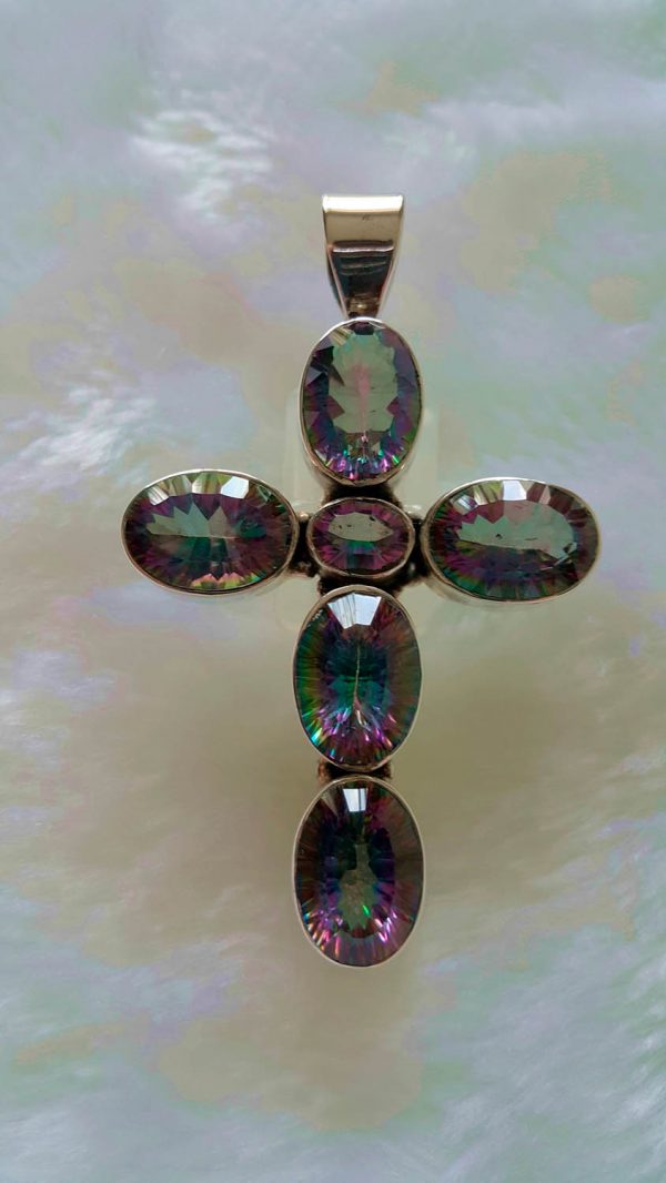 Natural Mystic Quartz Cross 925 Sterling Silver Pendant Magic Talisman Baptism Exclusive Gift 20,1 gr