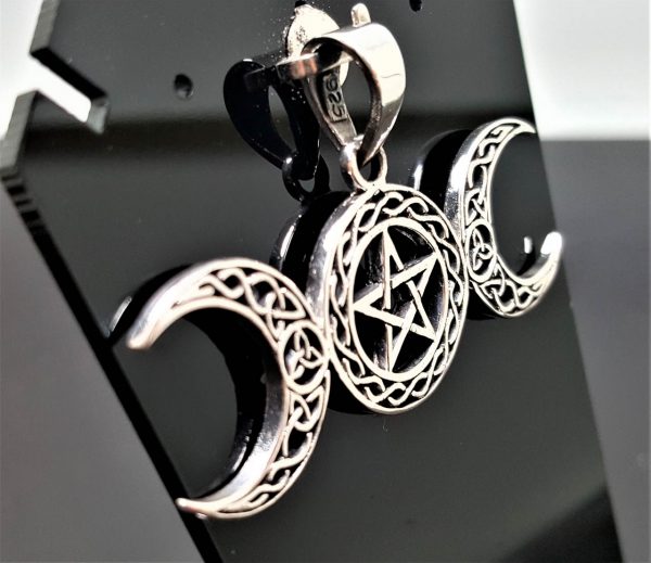 Triple Moon Sterling Silver 925 Goddess Pentagram Star Celtic Knot Star Crescent Moon Celestial Occult Sacred Talisman Amulet  Gift Pendant