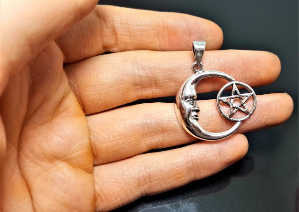 Crescent Moon Sterling Silver 925 Pendant Occult Pentagram Star Pagan Wiccan Star Crescent Moon Celestial Sacred Talisman Amulet