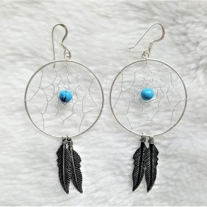 Dream Catcher 925 Sterling Silver Earrings with Turquoise Beads American Indian Chief Talisman Amulet Double Feather