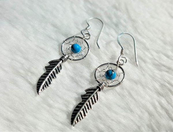 Dream Catcher 925 Sterling Silver Earrings with Turquoise Beads American Indian Chief Talisman Amulet Feather