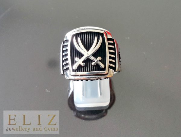 Solid Sterling Silver 925 Ring Men Two Swords Engraving Arabic Turkish Oxidized Silver Exclusive Design Size Talisman Amulet