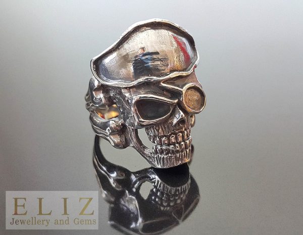 Pirate Skull 925 Sterling Silver Ring Pirate Patch Biker Rocker Goth Handmade Heavy 17 Grams