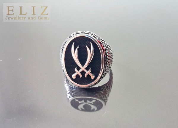 Sterling Silver 925 Ring Two Swords Arabic Turkish Oxidized Silver Exclusive Design Talisman Amulet