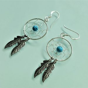 Dream Catcher 925 Sterling Silver Earrings with Turquoise Beads American Indian Chief Talisman Amulet Double Feather