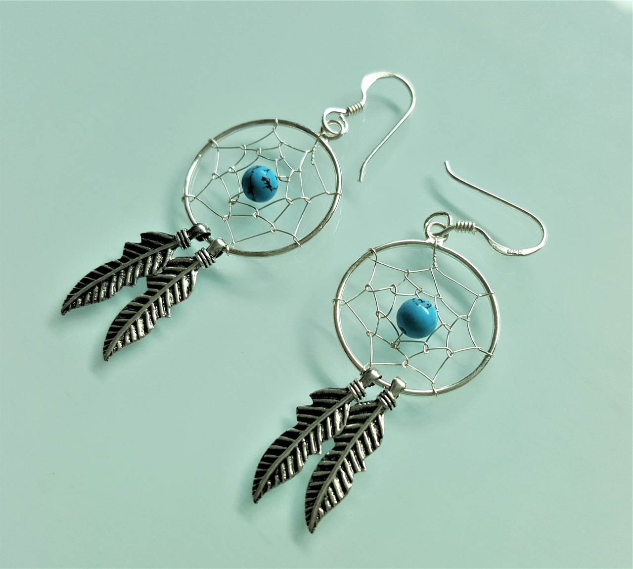 Earrings Dream Catcher with 5 Turquoise Pearls 925 Sterling Silver 