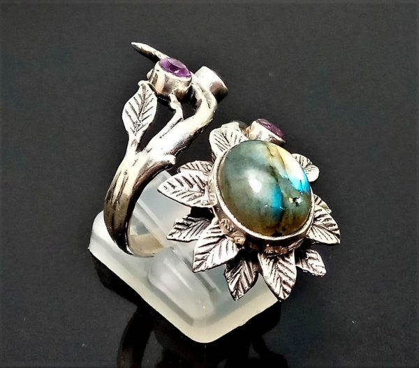 Flower Ring Sterling Silver 925 Natural Labradorite Genuine Amethyst Sunflower Exclusive Handmade One of a kind Flower Bouquet Size Adjustable
