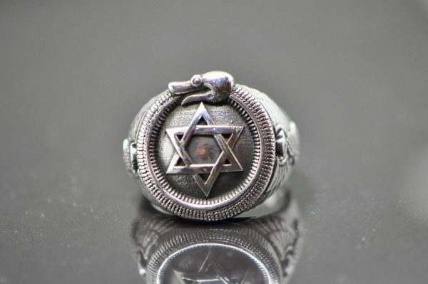 Star of David Ouroboros Ring STERLING SILVER 925 Protective Amulet Talisman Snake eating it Tail Phoenix at Sides Large Version 19 Grams