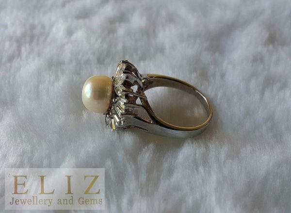 Pearl Sterling Silver Ring Natural Freshwater White Pearl & Cubic Zicrconia Bridal/Wedding