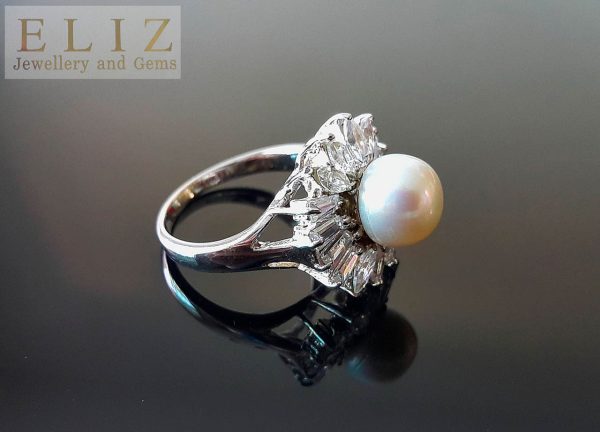 Pearl Sterling Silver Ring Natural Freshwater White Pearl & Cubic Zicrconia Bridal/Wedding