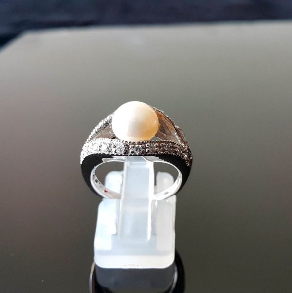 White Pearl Sterling Silver Ring Natural Freshwater Pearl & Cubic Zirconia Size 5.5, 6.5