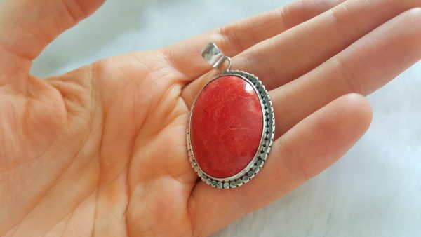 Sterling Silver 925 Natural Red Coral Pendant Custom Made Gift Oval Shape Talisman/Amulet