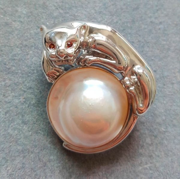 Panther Natural Mobe Pearl Sterling Silver 925 Brooch/PENDANT Garnet Eyes Gift