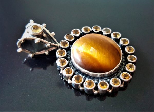 Sunflower Sterling Silver 925 Pendant Natural Tiger Eye & Genuine Citrine Gemstone SUN Talisman Amulet