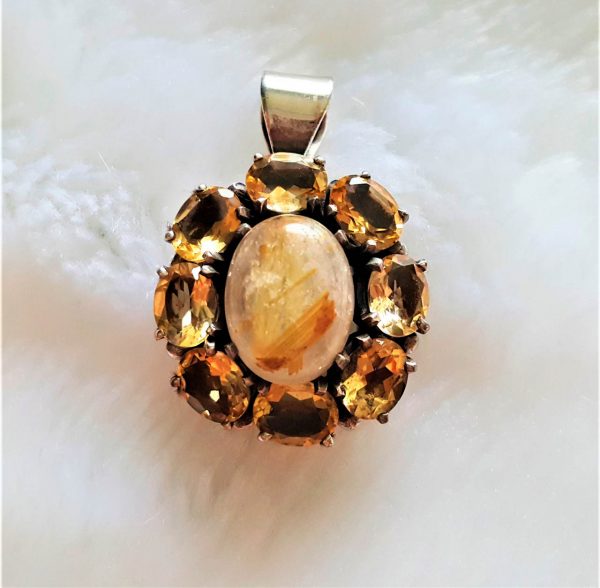 STERLING SILVER 925 Natural Golden Rutile Quartz "Venus' Hair" Crystal of Wealth & CITRINE Pendant Talisman Exclusive Gift 20 grams