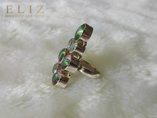 Sterling Silver 925 Ring Natural Mystic Quartz & Genuine Blue Topaz Gemstones Exclusive Gift UNIQUE Design