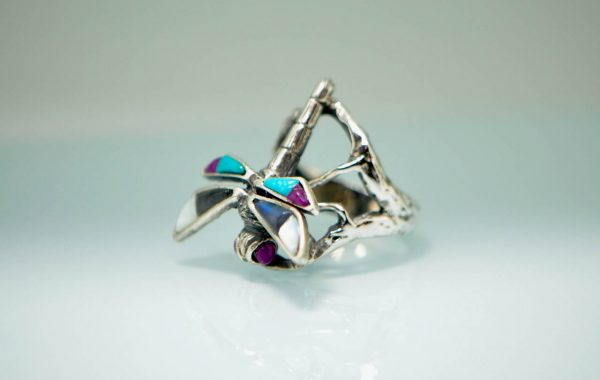 Dragonfly Ring 925 Sterling Silver Handmade Natural Amethyst, Turquoise, Labordorite, Mother of Pearl Butterfly Ring