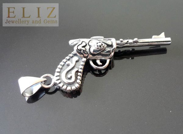 Mexican Gun 925 Sterling Silver Pendant Mexican Carved Western Six Shooter Revolver Pistol Gun Man's Gift