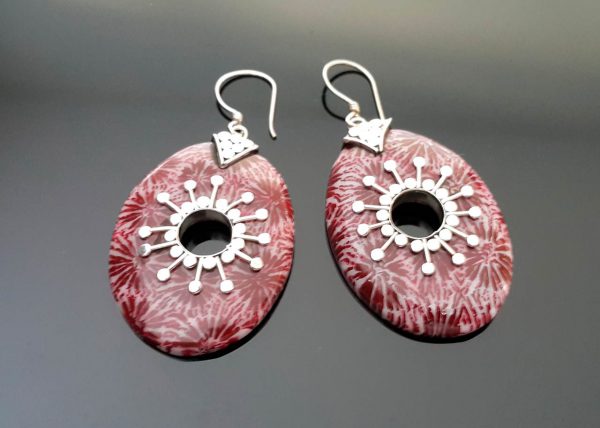 Red Coral Earrings 925 Sterling Silver Balinese Genuine Natural Stone Handmade