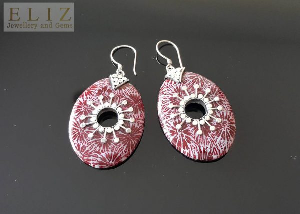 Red Coral Earrings 925 Sterling Silver Balinese Genuine Natural Stone Handmade