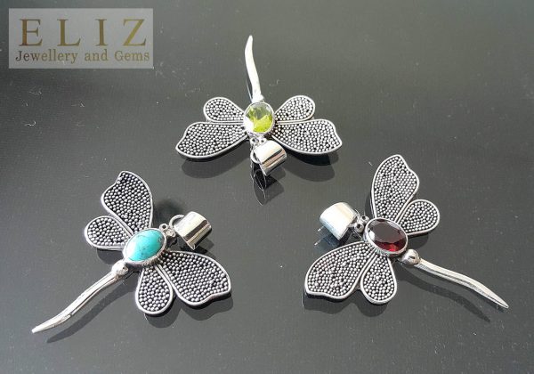 Dragonfly STERLING SILVER 925 Pendant Peridot/Garnet/Turquoise Natural Gemstones