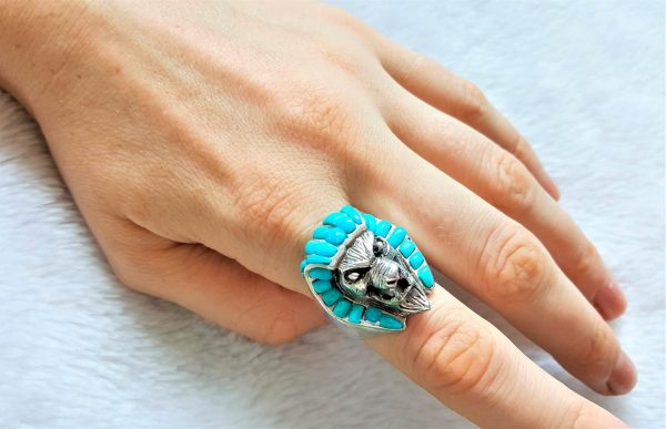 Pharaoh Ring 925 Sterling Silver Egyptian Lion Pharaoh Sphinx Natural Turquoise Gemstone