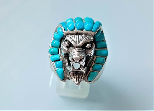 Pharaoh Ring 925 Sterling Silver Egyptian Lion Pharaoh Sphinx Natural Turquoise Gemstone