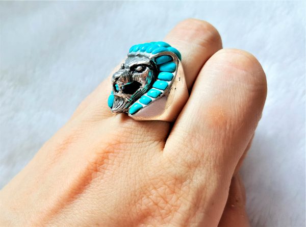 Pharaoh Ring 925 Sterling Silver Egyptian Lion Pharaoh Sphinx Natural Turquoise Gemstone