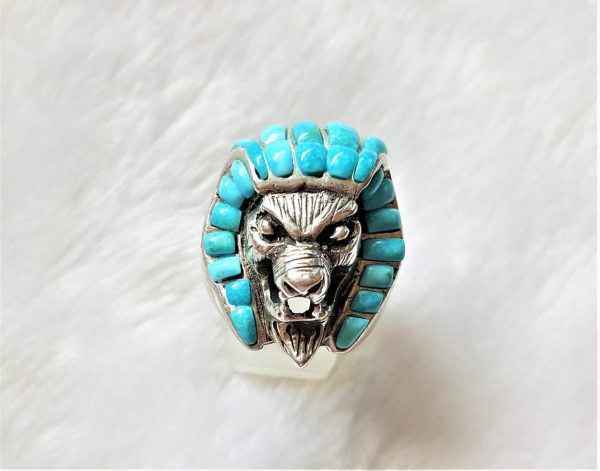 Pharaoh Ring 925 Sterling Silver Egyptian Lion Pharaoh Sphinx Natural Turquoise Gemstone