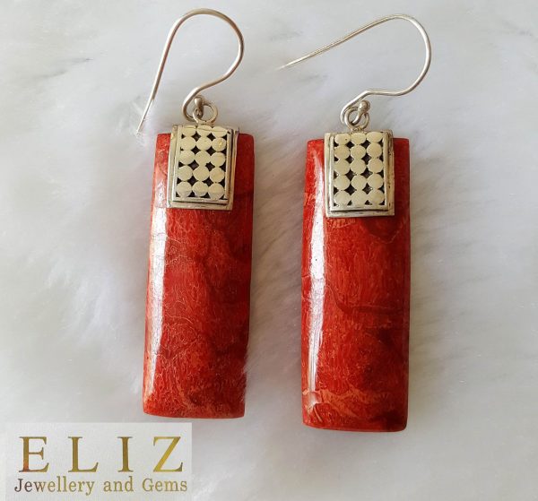 Sterling Silver 925 Natural Red Coral Long Earrings Custom Made Exclusive Gift