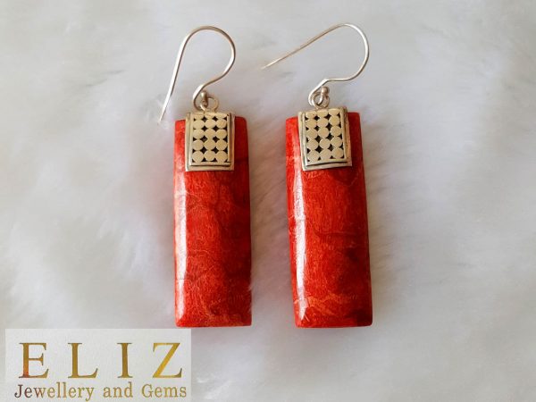 Sterling Silver 925 Natural Red Coral Long Earrings Custom Made Exclusive Gift