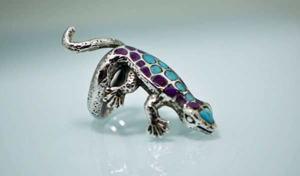 Salamander 925 Sterling Silver Ring Natural Amethyst and Natural Turquoise Lizard Gecko Cute Gift