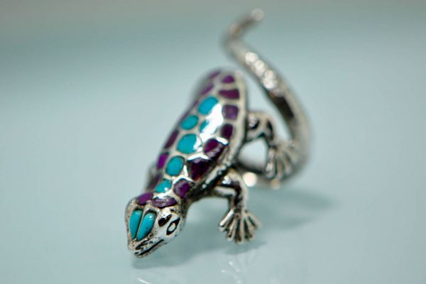 Salamander 925 Sterling Silver Ring Natural Amethyst and Natural Turquoise Lizard Gecko Cute Gift