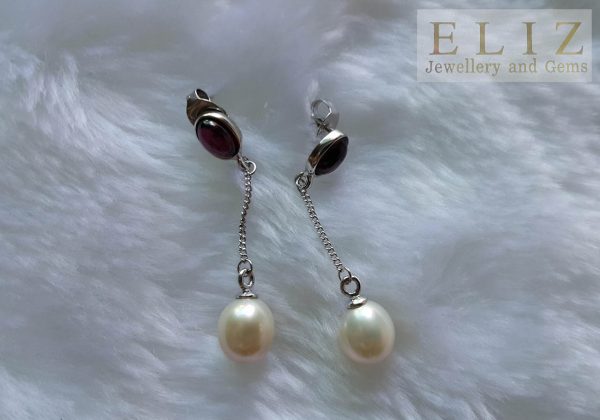 PearL & Garnet Stud Earrings 925 Sterling Silver White Freshwater Pearl Genuine Garnet Stud Earrings Bridesmaids Gift