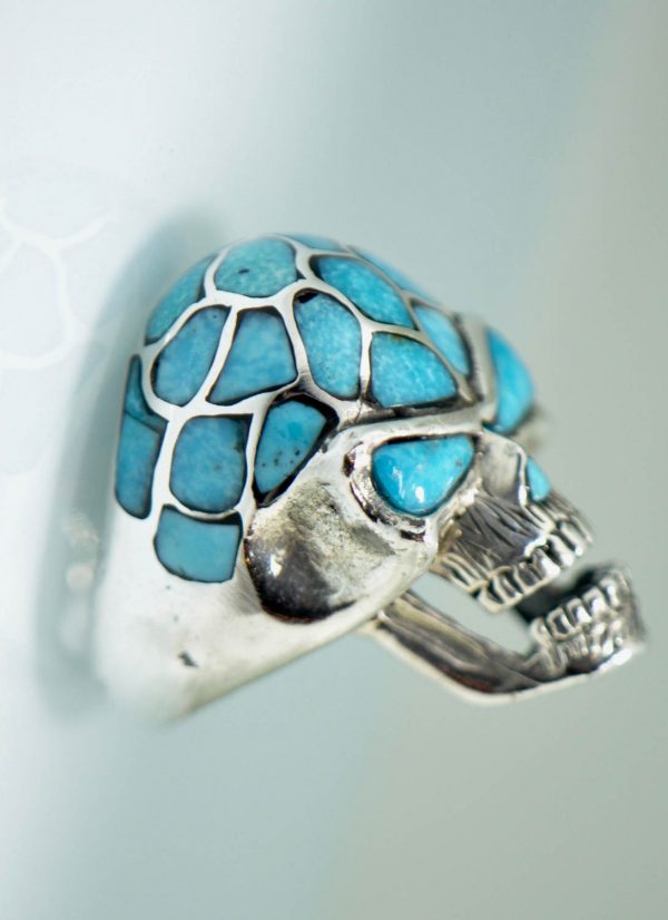 Skull 925 Sterling Silver Ring Natural Turquoise Gemstones Biker Ring Rocker Punk Goth Heavy 26 grams